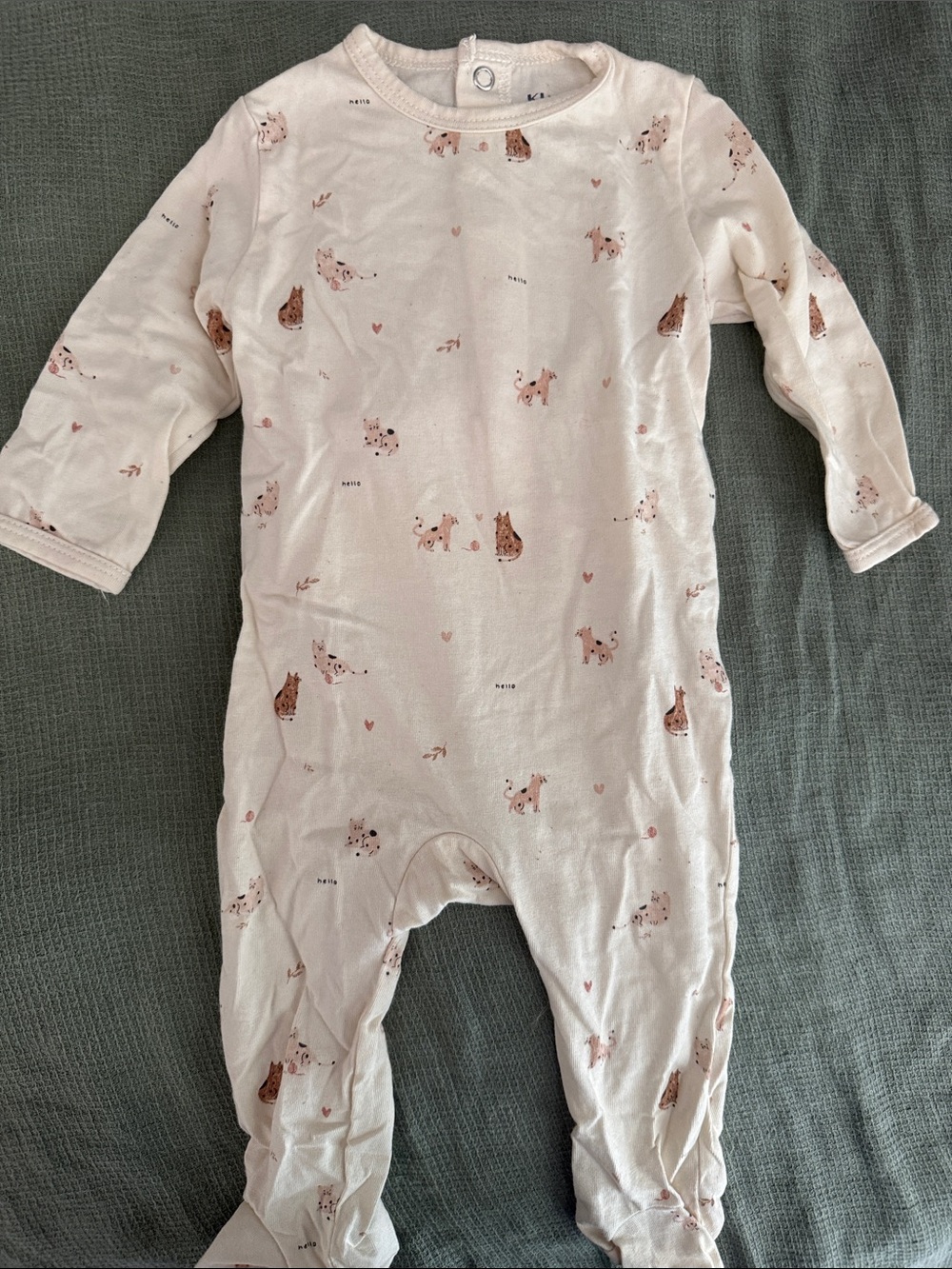 Cream Baby One-Piece Footed Pajamas with cat Print